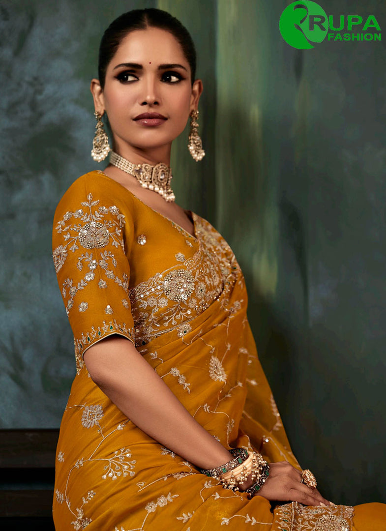 Divine Mustard Color Fancy Fabric New Designer Traditional Wear Saree
