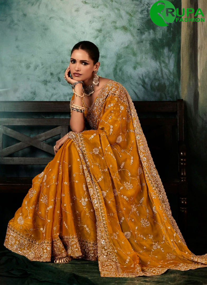Divine Mustard Color Fancy Fabric New Designer Traditional Wear Saree