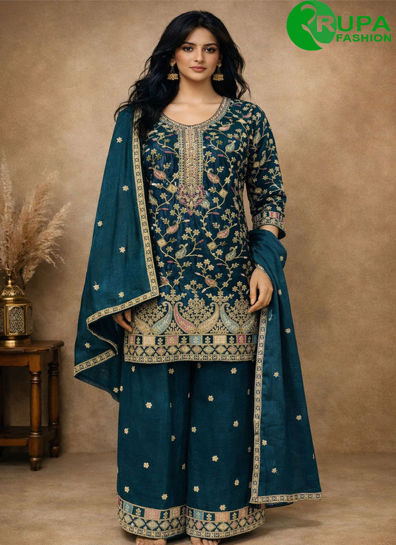 Attractive Teal Color Embroidered Work Chinon Salwar Suit