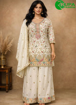 Load image into Gallery viewer, Off White Chinon Readymade Salwar Suit with Embroidered Work