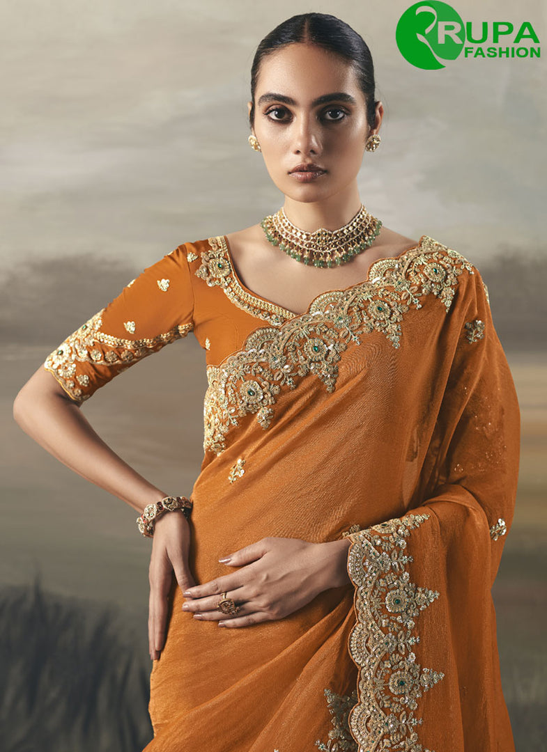 Orange Color Tissue Trendy Saree with Embroidered, Resham and Thread Work