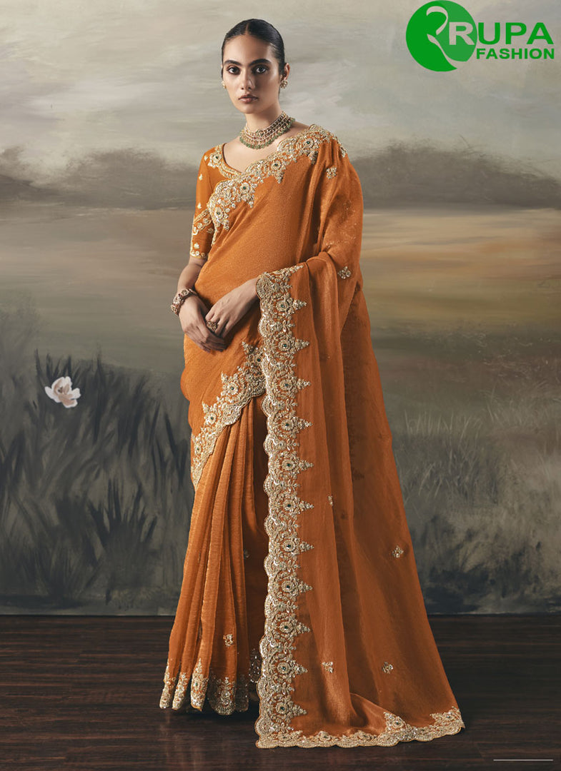 Orange Color Tissue Trendy Saree with Embroidered, Resham and Thread Work