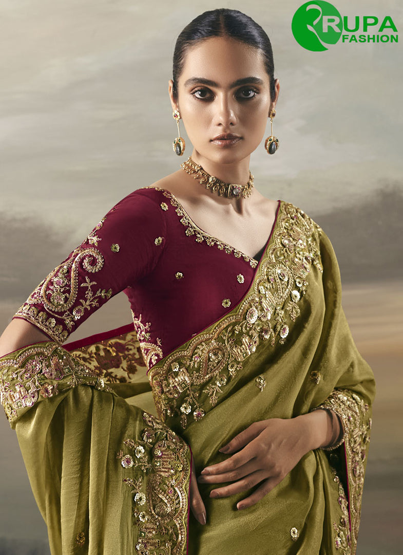 Green Color Tissue Embroidered, Resham and Thread Work Classical Saree