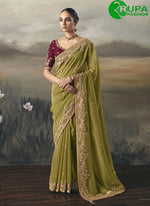 Load image into Gallery viewer, Green Color Tissue Embroidered, Resham and Thread Work Classical Saree