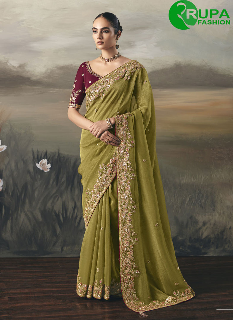 Green Color Tissue Embroidered, Resham and Thread Work Classical Saree