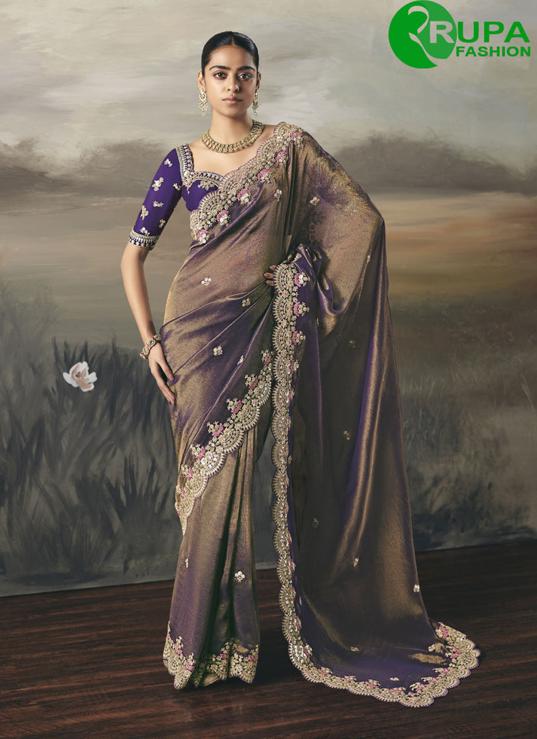 Beautiful Purple Color Embroidered Resham Thread Work Traditional Tissue Saree