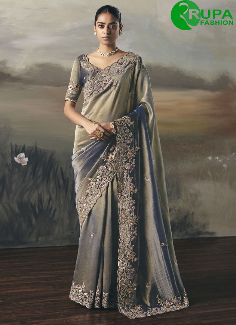 Grey Color Tissue Designer Party Wear Classical Saree