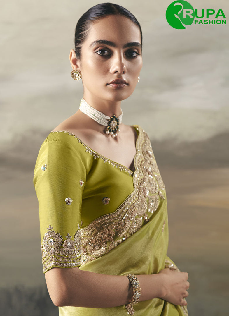 Outstanding Green Color Tissue Embroidered Resham Work Party Wear Saree