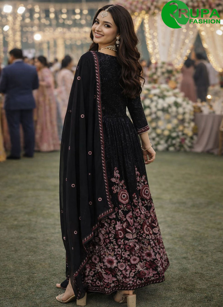 Black Color Georgette Anarkali Suit with Embroidered, Sequins and Thread Work