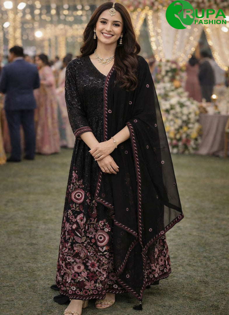 Black Color Georgette Anarkali Suit with Embroidered, Sequins and Thread Work