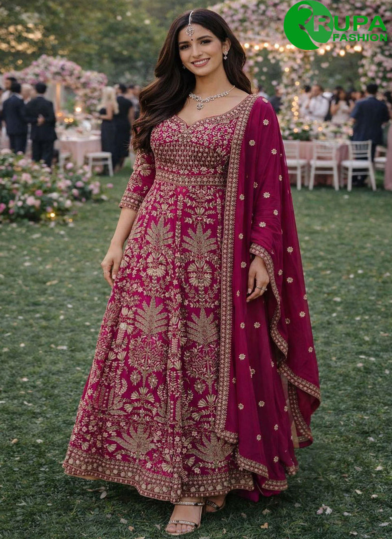 Beautiful Wine Color Georgette New Designer Anarkali Pattern Suit With Heavy Work