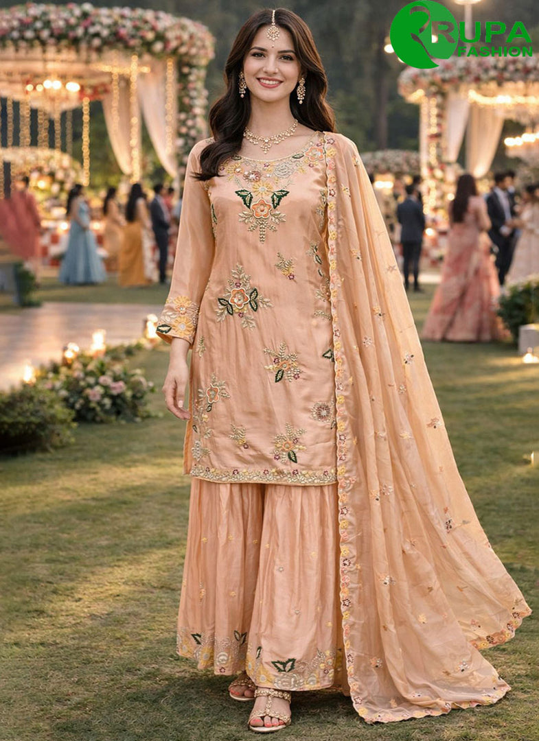 Beautiful Peach Color Crepe Party Wear Embroidered Salwar Suit
