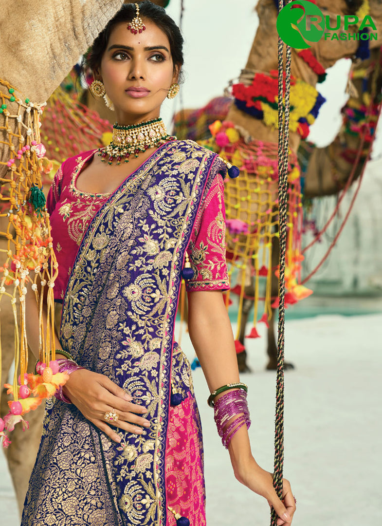 Purple Pure Georgette Bandhej Saree with Beads, Cut Dana, Embroidered, Fancy and Zari Work