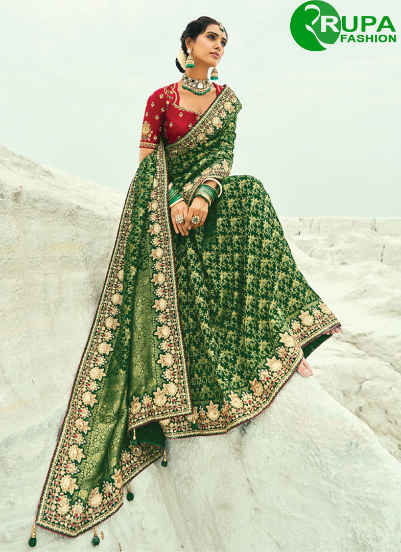Green Pure Georgette Cut Dana, Embroidered, Fancy and Zari Work Trendy Saree for Ceremonial