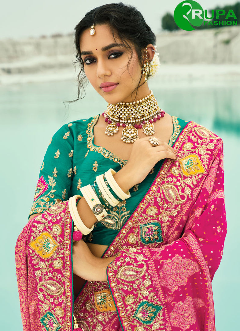 Rani Color Pure Georgette Bandhej Beads, Cut Dana, Embroidered, Fancy Work, Zari Work Saree