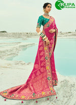 Load image into Gallery viewer, Rani Color Pure Georgette Bandhej Beads, Cut Dana, Embroidered, Fancy Work, Zari Work Saree
