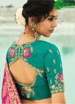 Load image into Gallery viewer, Rani Color Pure Georgette Bandhej Beads, Cut Dana, Embroidered, Fancy Work, Zari Work Saree

