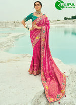 Load image into Gallery viewer, Rani Color Pure Georgette Bandhej Beads, Cut Dana, Embroidered, Fancy Work, Zari Work Saree

