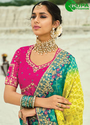 Rama and Yellow Pure Georgette Cut Dana, Embroidered, Fancy and Zari Work Bandhej Saree