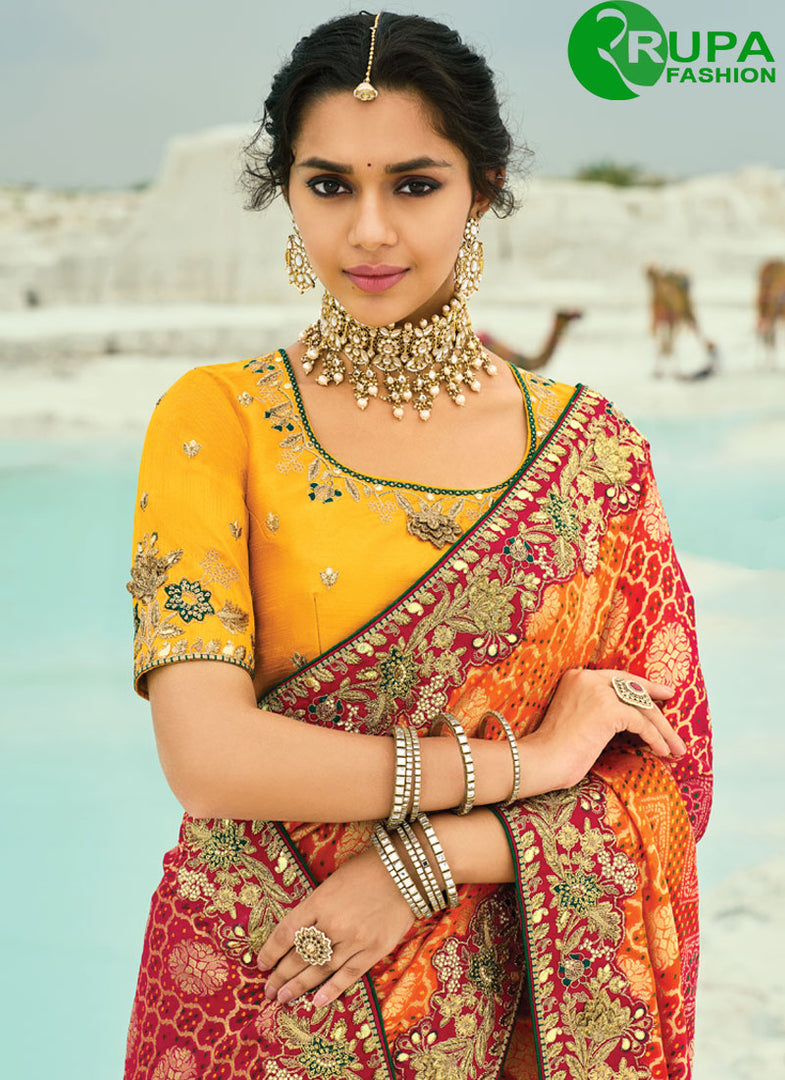 Multi Colour Pure Georgette Classic Saree with Bandhej, Cut Dana, Embroidered, Fancy, Moti and Zari Work