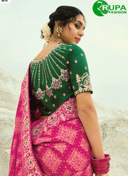 Outstanding Rani Color Pure Georgette Bandhej Saree With Cut Dana, Embroidered, Fancy Work, Moti Work And Zari Work