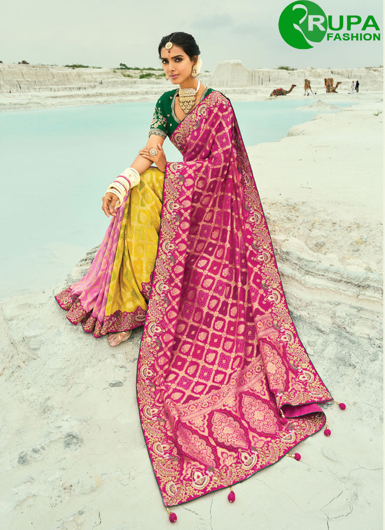 Multi Color Pure Georgette Trendy Saree with Bandhej, Cut Dana, Embroidered, Fancy and Zari Work