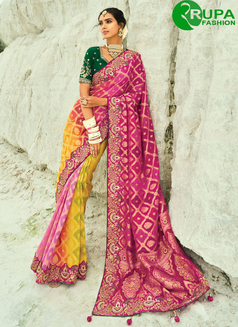 Multi Color Pure Georgette Trendy Saree with Bandhej, Cut Dana, Embroidered, Fancy and Zari Work
