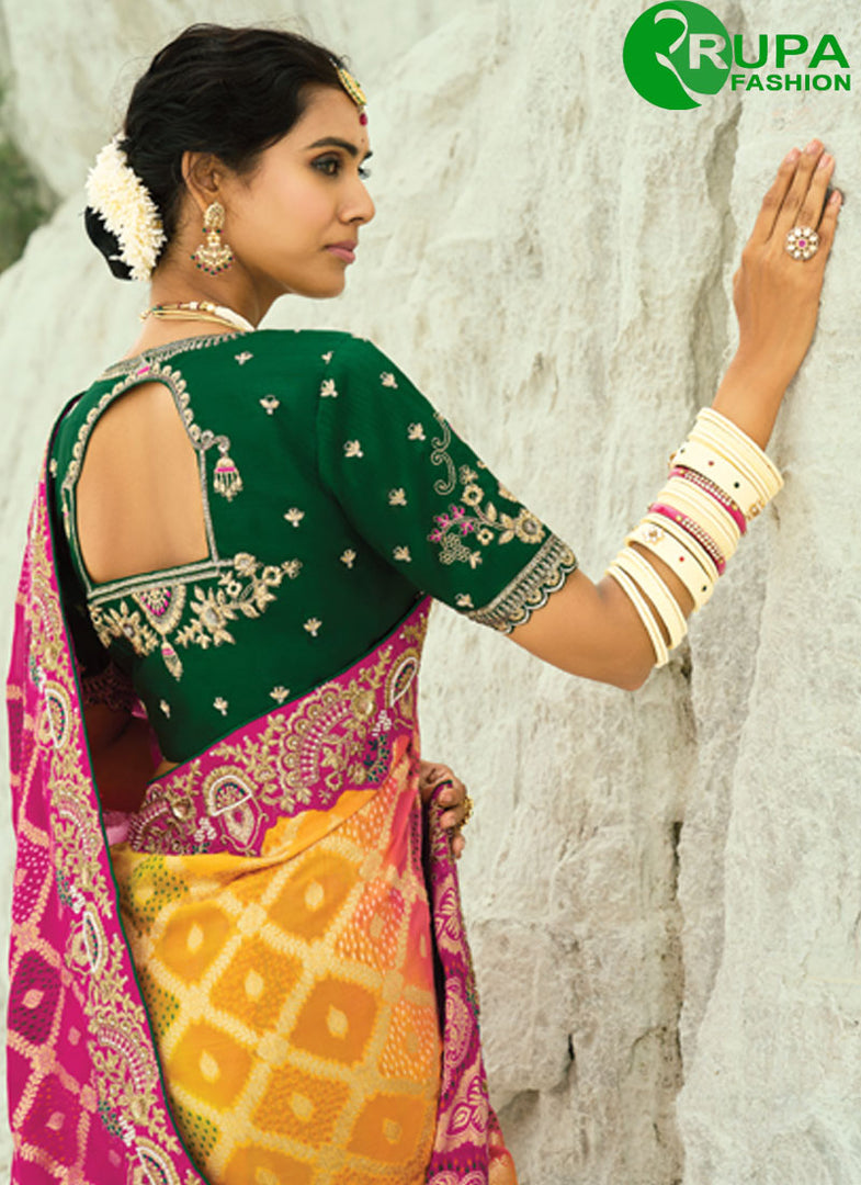 Multi Color Pure Georgette Trendy Saree with Bandhej, Cut Dana, Embroidered, Fancy and Zari Work