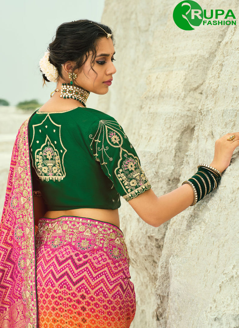 Orange and Rani Pure Georgette Bandhej, Cut Dana, Embroidered, Fancy, Hand, Moti and Zari Work Classic Saree