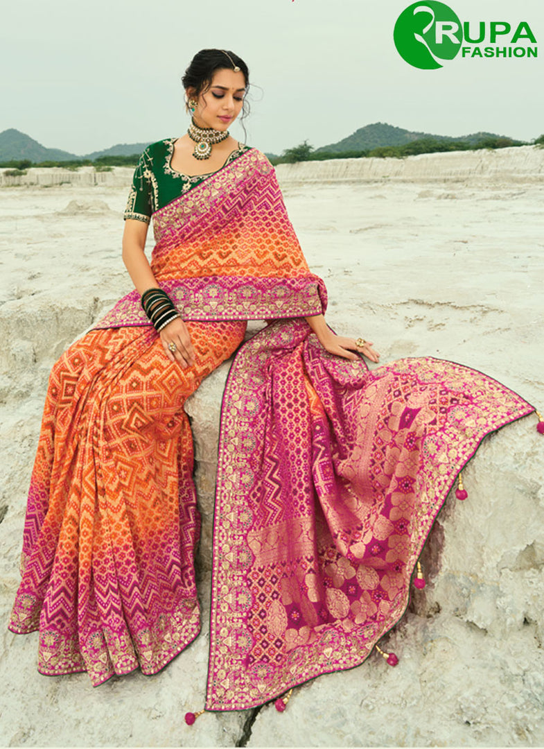 Orange and Rani Pure Georgette Bandhej, Cut Dana, Embroidered, Fancy, Hand, Moti and Zari Work Classic Saree