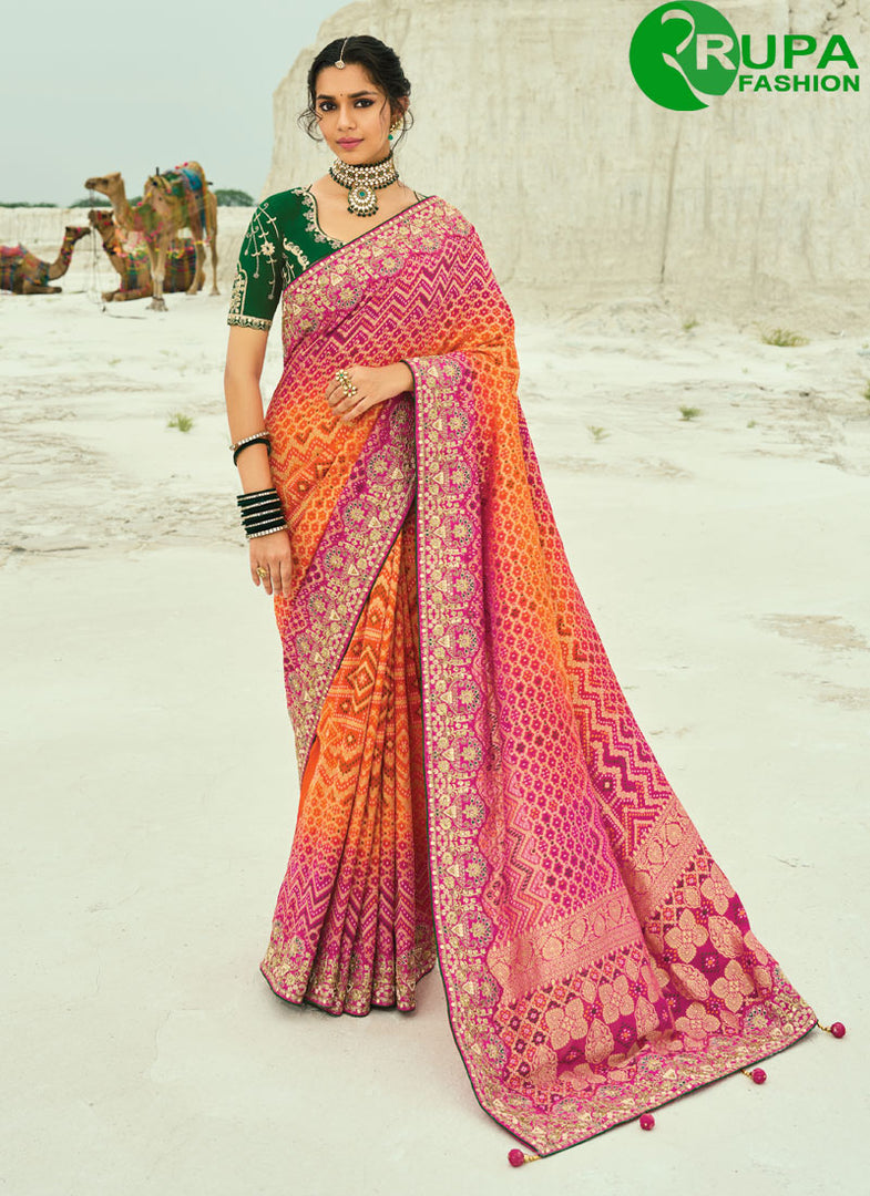 Orange and Rani Pure Georgette Bandhej, Cut Dana, Embroidered, Fancy, Hand, Moti and Zari Work Classic Saree