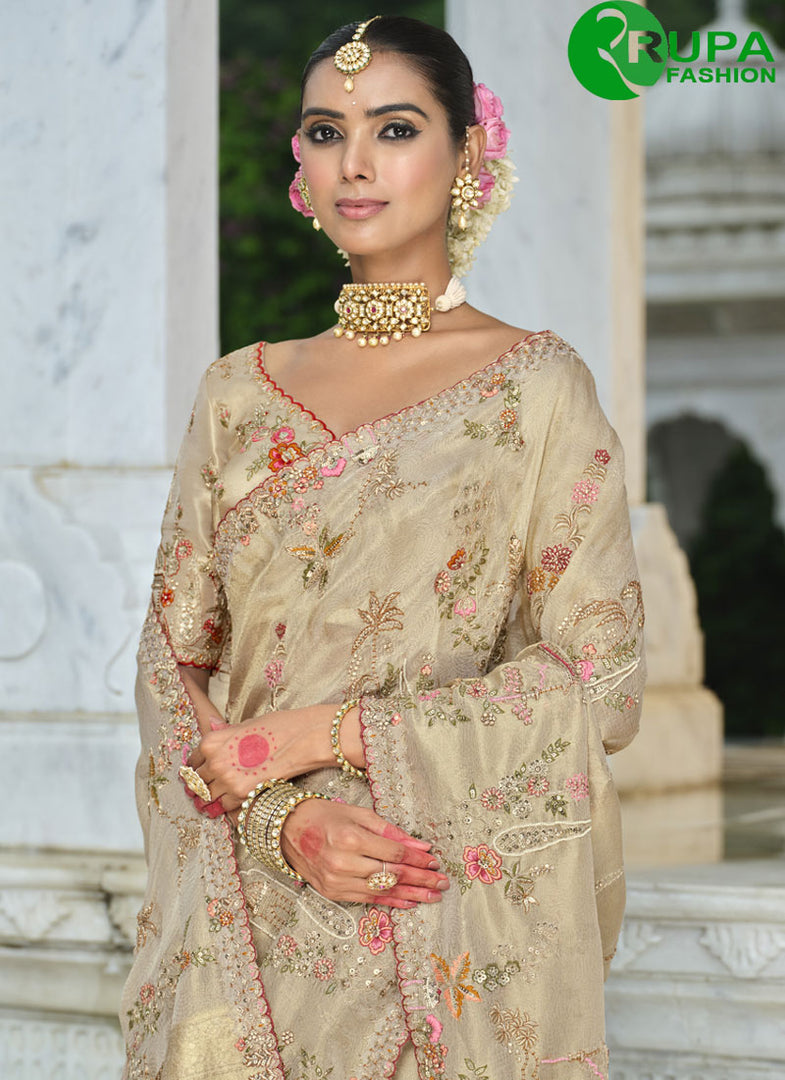 Cream Color Silk Embroidered, Resham and Khatli Work Classical Saree