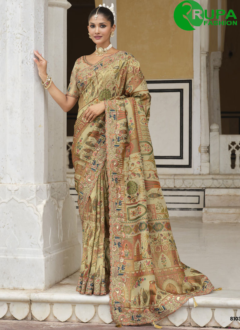 Multi Color Embroidered, Khatli and Print Work Silk Trendy Designer Saree