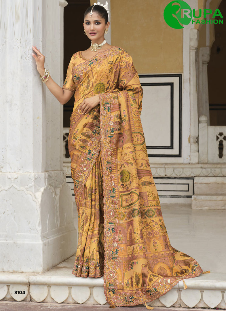 Orange Color Silk Resham Embroidered And Printed Work Traditional Khatli Work Saree