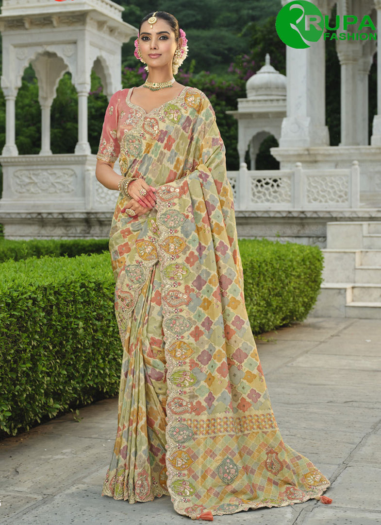 Multi Color Silk Contemporary Saree with Embroidered, Khatli and Print Work