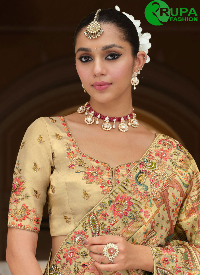 Cream Color Silk Embroidered, Khatli and Print Work Traditional Designer Saree