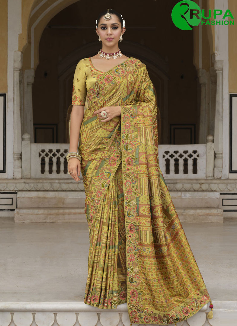 Divine Green Color Silk New Designer Traditional Saree With Embroidered Khatli Work