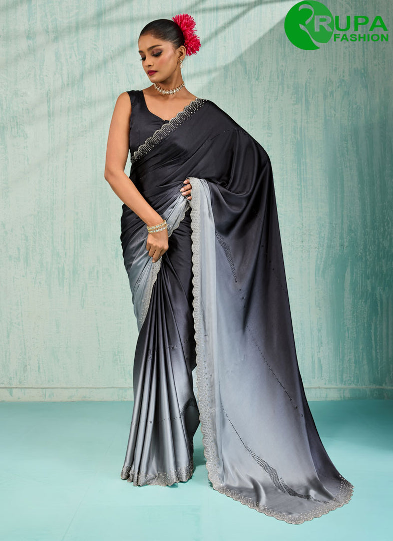 Black Color Patch Border, Cut and Swarovski Work Satin Party Wear Sarree