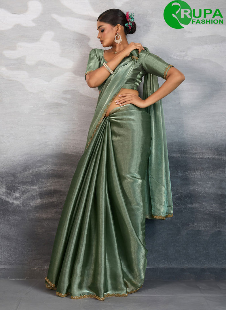 Teal Burberry Contemporary Sari with Beads, Patch Border and Cut Dana Work