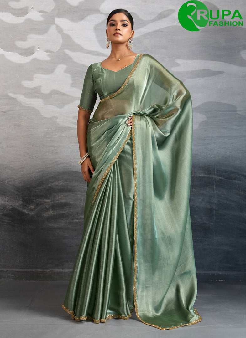 Teal Burberry Contemporary Sari with Beads, Patch Border and Cut Dana Work
