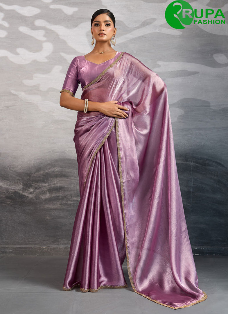 Superb Lavender Burberry Designer Saree with Beads, Patch Border and Cut Dana Work