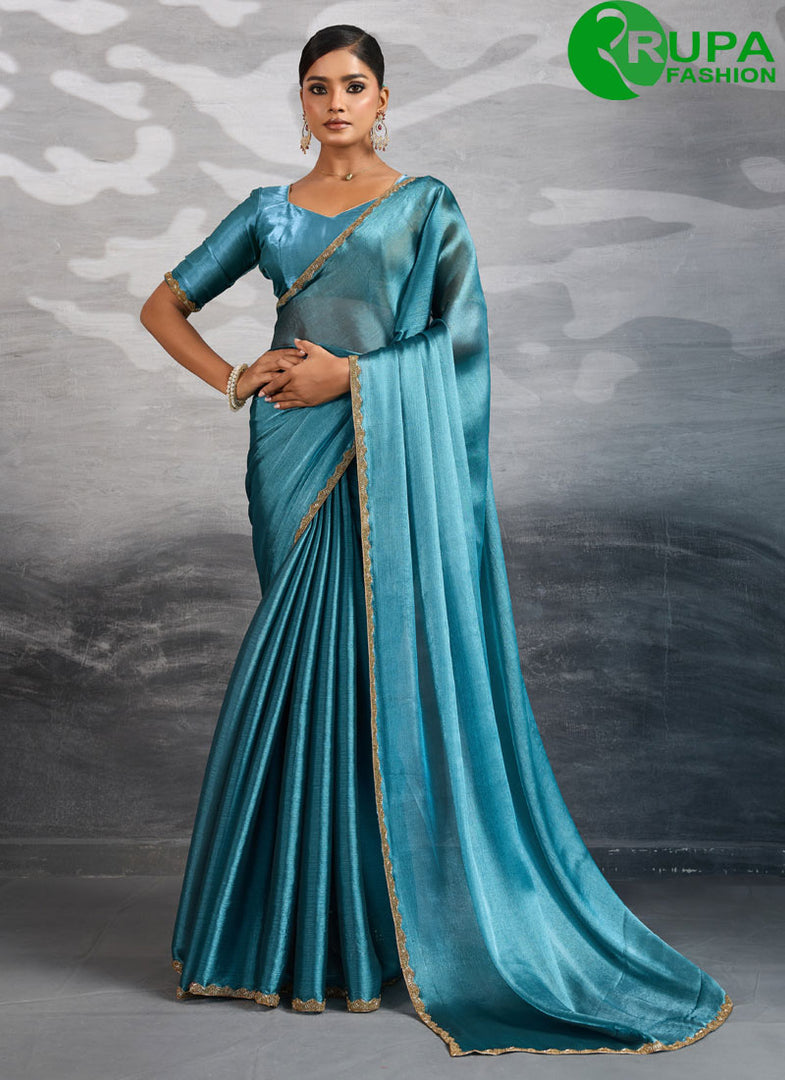 Splendid Blue Color  Burberry Traditional Party Wear Saree