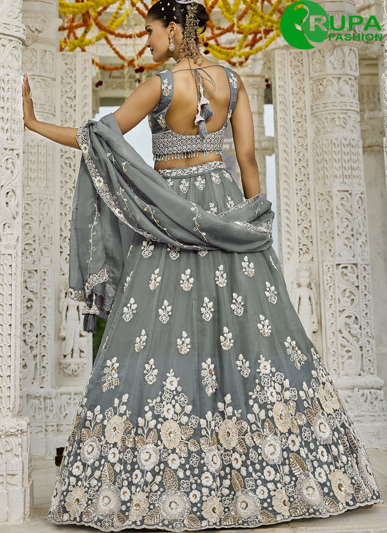 Grey Color Organza Embroidered, Sequins, Thread and Zari Work Readymade Lehenga Choli