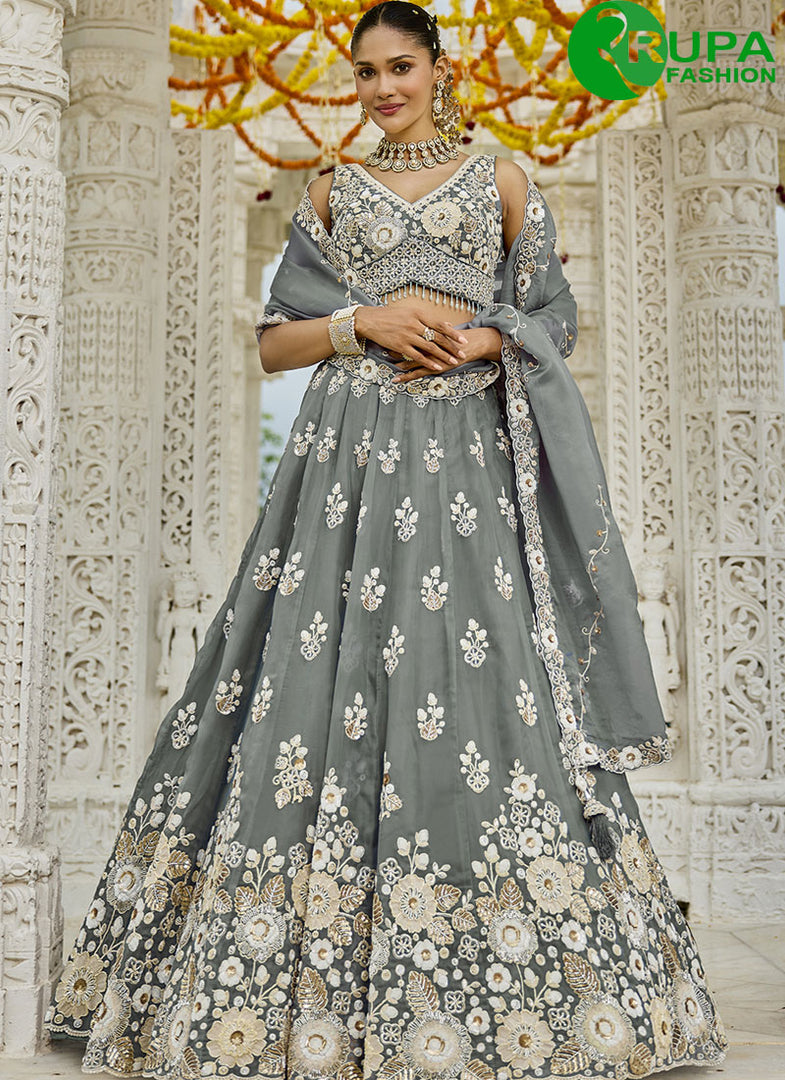 Grey Color Organza Embroidered, Sequins, Thread and Zari Work Readymade Lehenga Choli