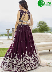 Wine Color Embroidered, Fancy, Floral Patch, Thread and Zari Work Satin Silk Readymade Lehenga Choli