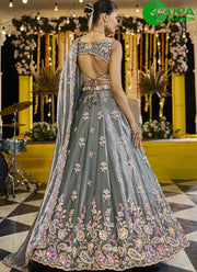 Green and Grey Tissue Beads, Embroidered, Sequins, Thread and Zari Work Readymade Lehenga Choli for Ceremonial