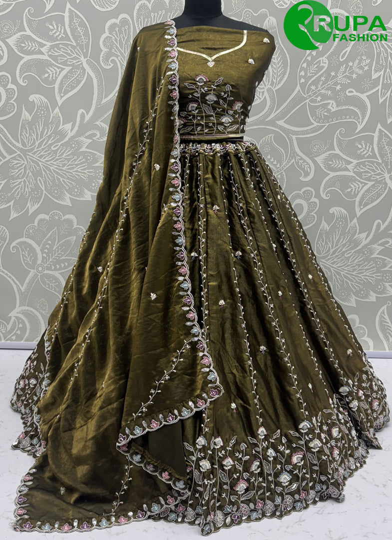 Olive Green Color Satin Embroidered, Sequins, Thread and Zari Work Lehenga Choli