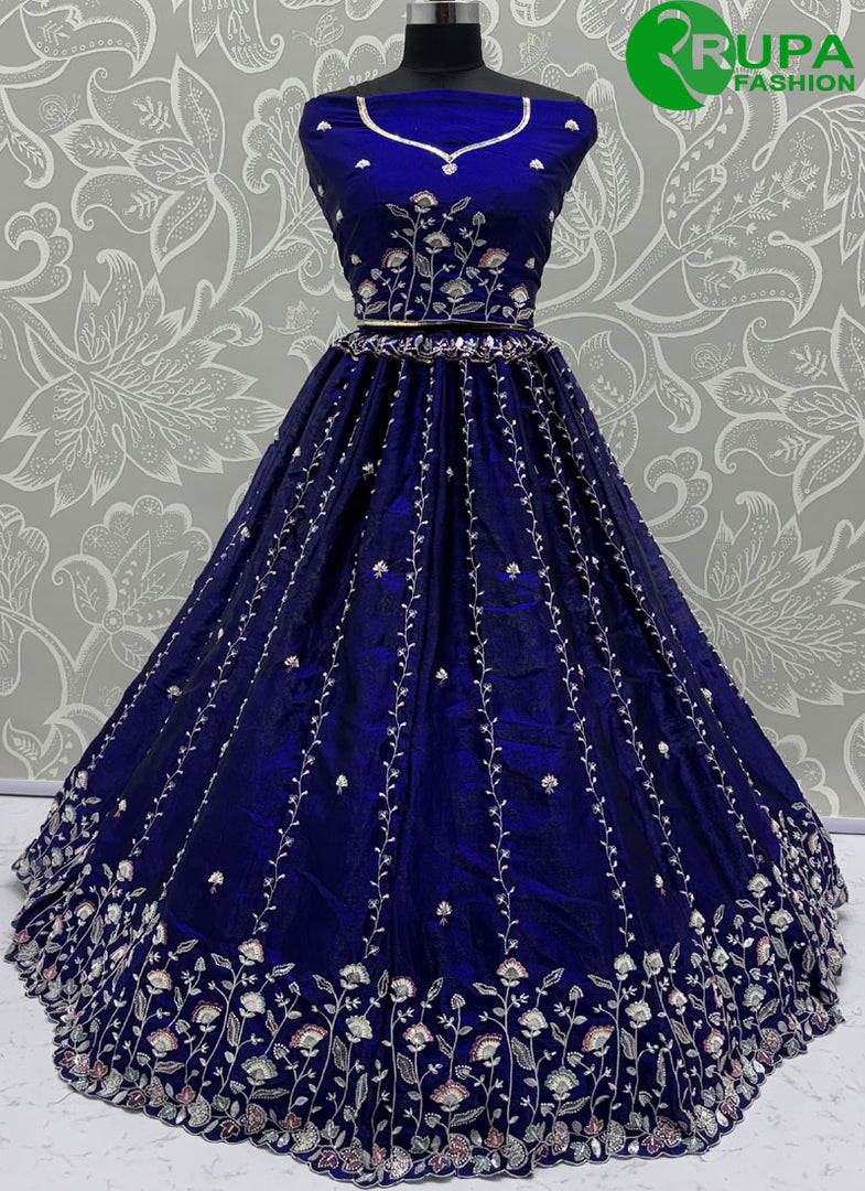 Blue Color  Satin Silk Embroidered, Sequins, Thread and Zari Work Lehenga Choli
