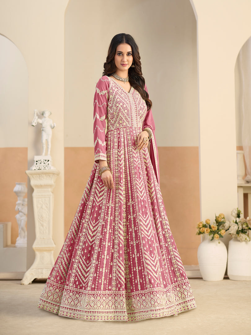 Lovely Pink Color Embroidered Work Faux Georgette Anarkali Suit