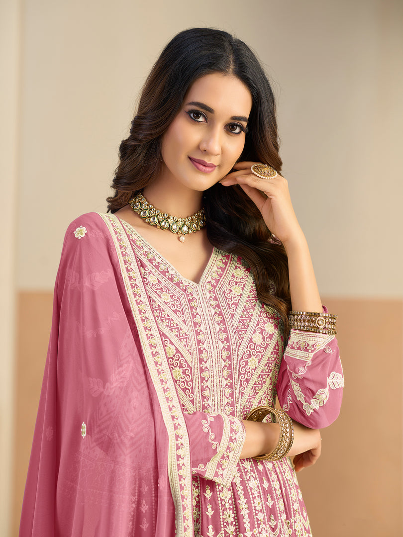 Lovely Pink Color Embroidered Work Faux Georgette Anarkali Suit